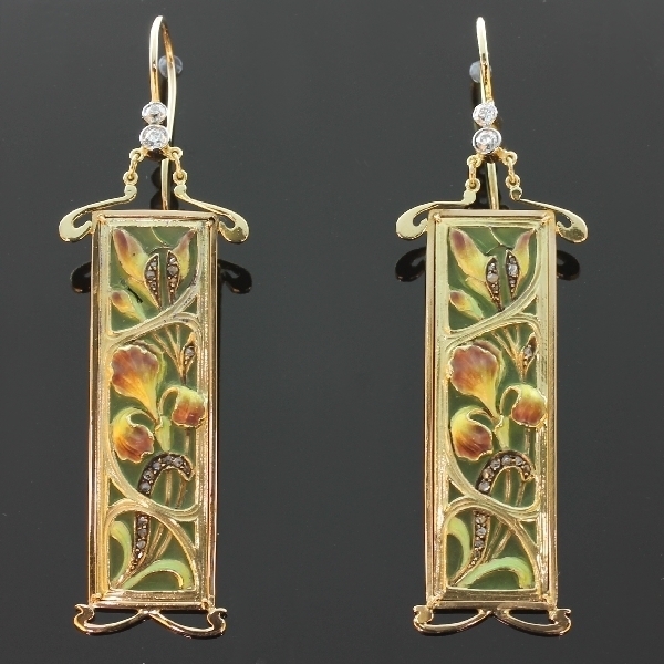 Plique ajour enamel Art Nouveau stained glass window earrings emaille a fenetre the antique jewelry collection of www.adin.be
